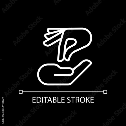Giving and taking hands pixel perfect white linear icon for dark theme. Interaction process. Charity and help. Thin line illustration. Isolated symbol for night mode. Editable stroke. Arial font used