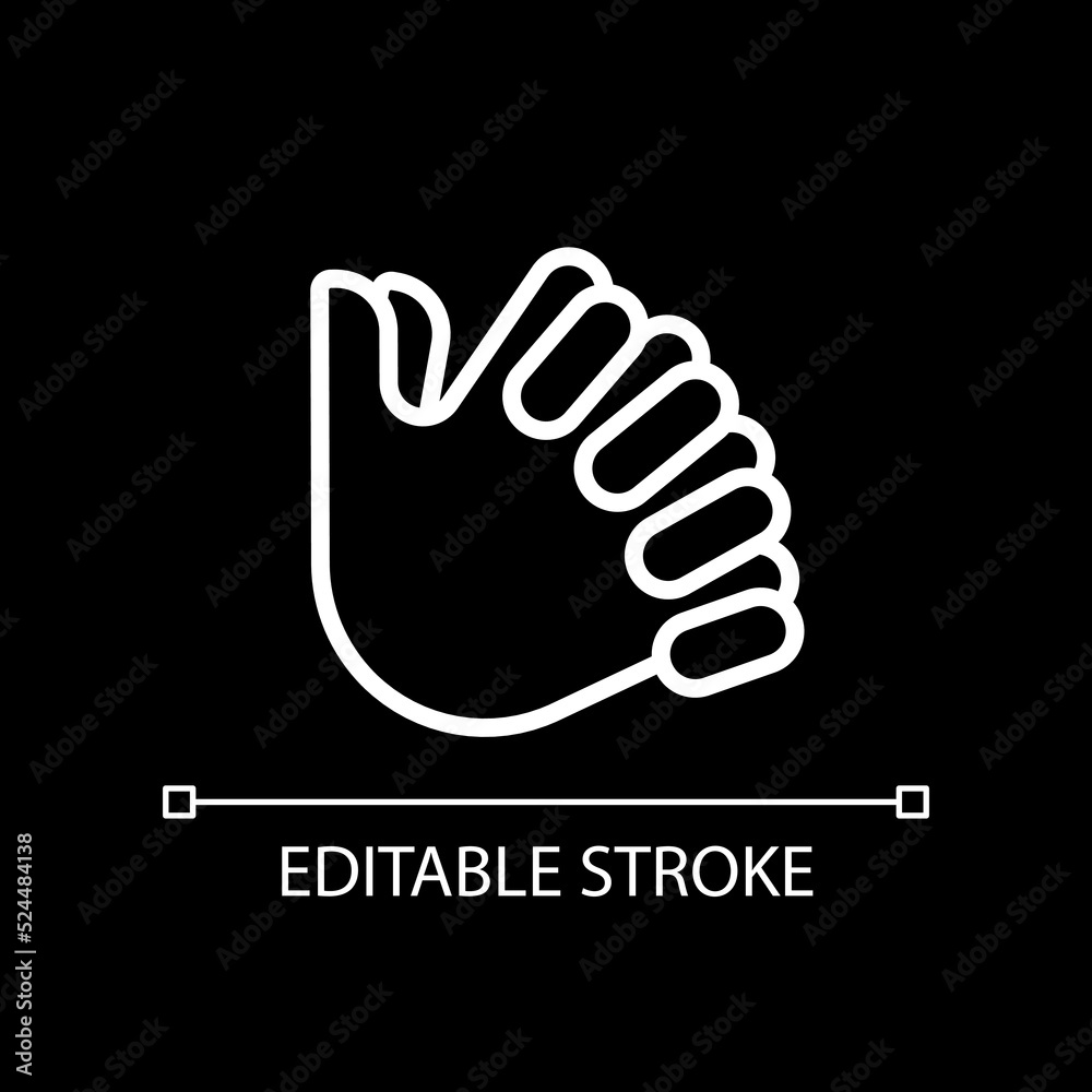 Clasped hands pixel perfect white linear icon for dark theme. Crossed fingers. Body language signal. Thin line illustration. Isolated symbol for night mode. Editable stroke. Arial font used Clasped hands pixel perfect white linear icon for dark theme. Crossed fingers. Body language signal. Thin line illustration. Isolated symbol for night mode. Editable stroke. Arial font used