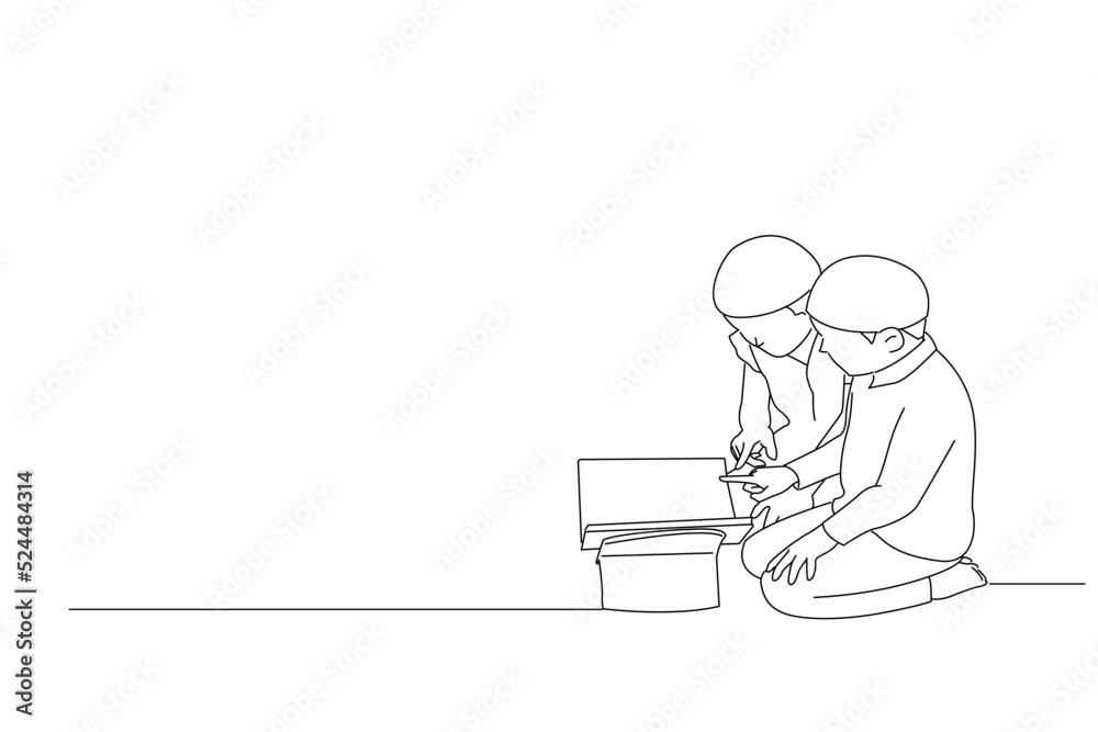 Illustration of two little boys in the mosque read the Quran. Outline drawing style art