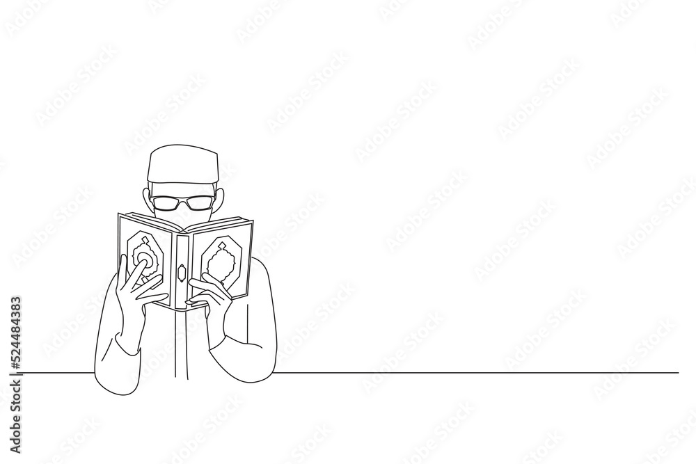 Cartoon of Muslims Read The Quran Sacred Books Of Muslims Around The World. One line art Cartoon of Muslims Read The Quran Sacred Books Of Muslims Around The World. One line art