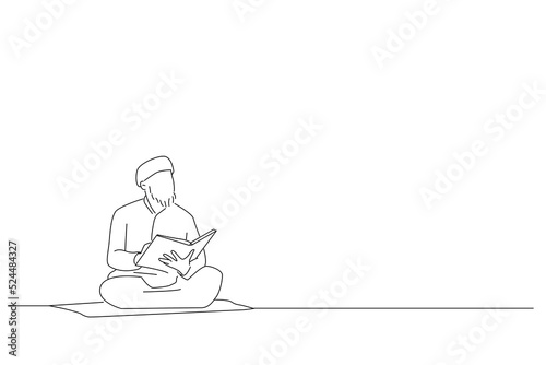 Drawing of religious muslim man reading holy koran inside the mosque. Oneline art drawing style