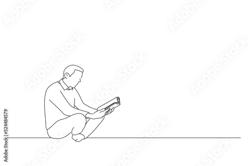 Cartoon of muslim man reading holy book Quran. Oneline art drawing style