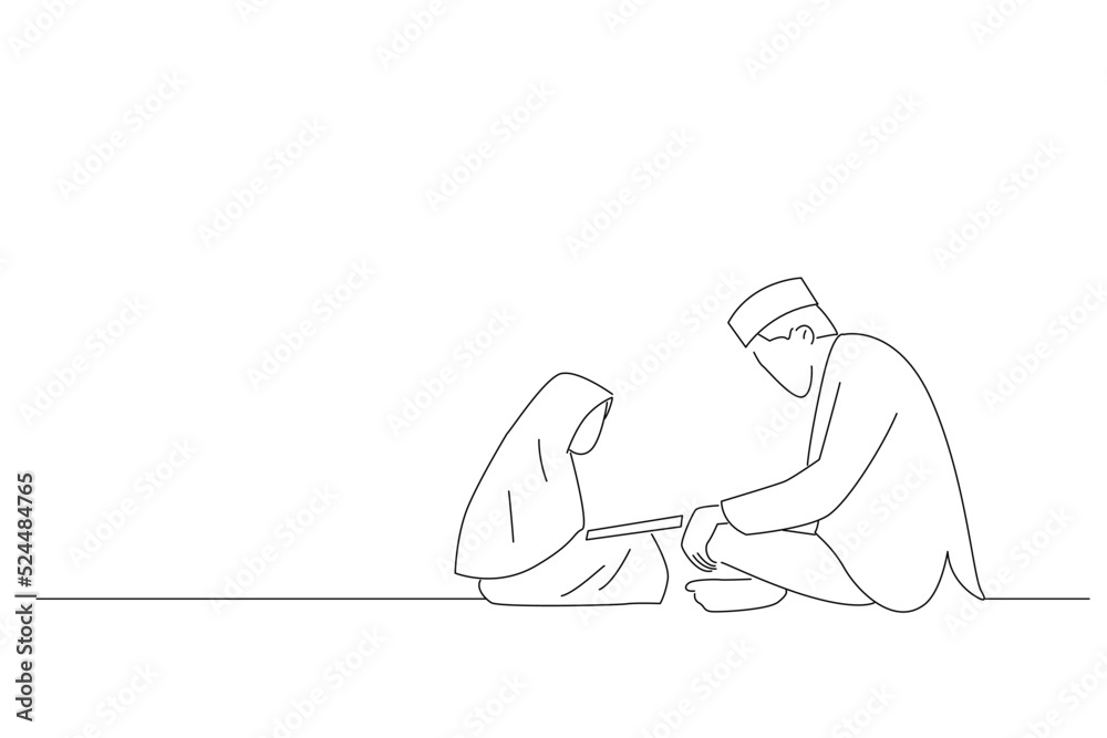Illustration of asian girl muslim learning to read quran with muslim teacher. Line art style Illustration of asian girl muslim learning to read quran with muslim teacher. Line art style