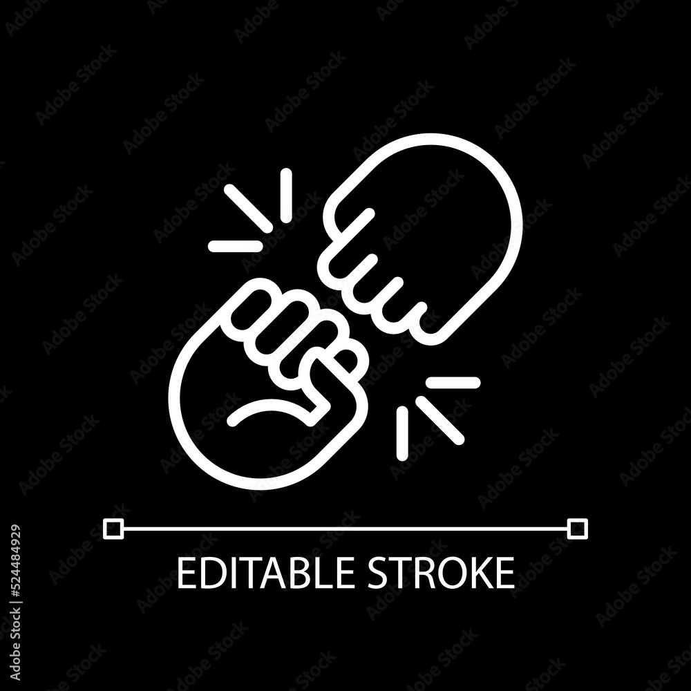 Fist bump pixel perfect white linear icon for dark theme. Funny greeting gesture. Communication. Body language. Thin line illustration. Isolated symbol for night mode. Editable stroke. Arial font used Fist bump pixel perfect white linear icon for dark theme. Funny greeting gesture. Communication. Body language. Thin line illustration. Isolated symbol for night mode. Editable stroke. Arial font used