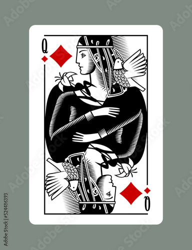 Queen playing card of Diamonds suit in vintage engraving drawing style