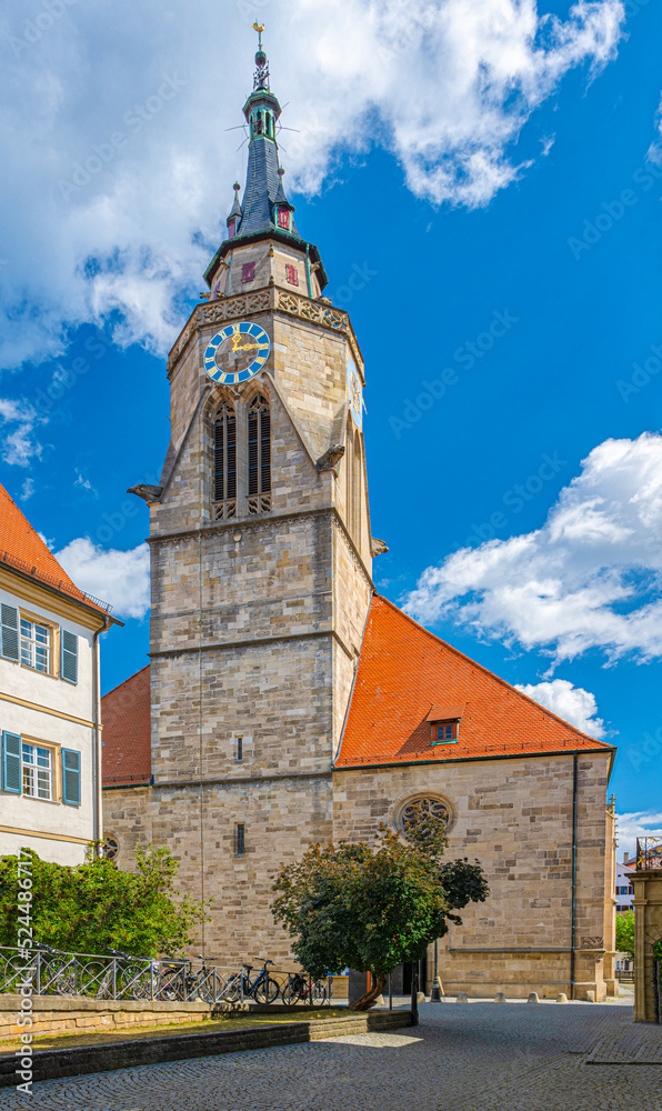 The collegiate church of Tübingen with the mighty church steeple. Baden Württemberg, Germany, Europe