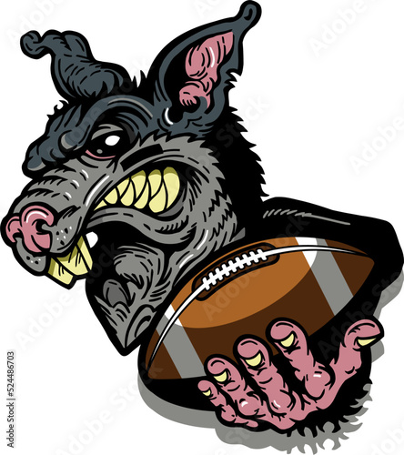 creepy rat mascot holding football for school, college or league