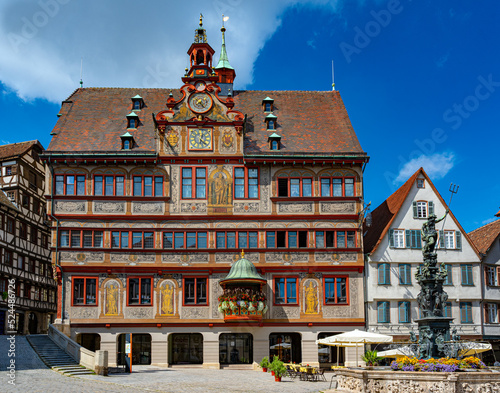 Tübingen town hall on Market Square with fountain, Germany. Baden Württemberg, Germany, Europe.