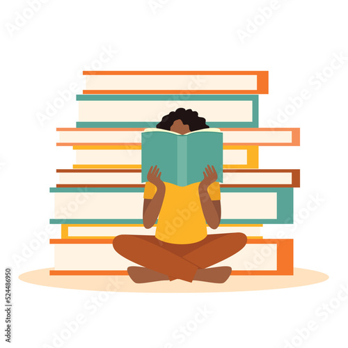 African American girl face reading a book. concept with many books
