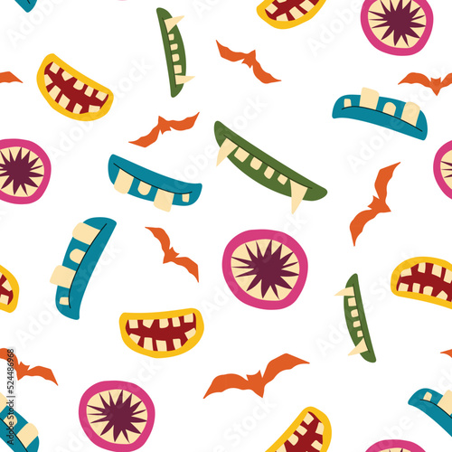 Zombie, clown and vampire cartoon monster mouths seamless pattern. Halloween horror background with vector smiles of scary beasts and angry demons, drool jaws, bloody teeth and tongues with saliva