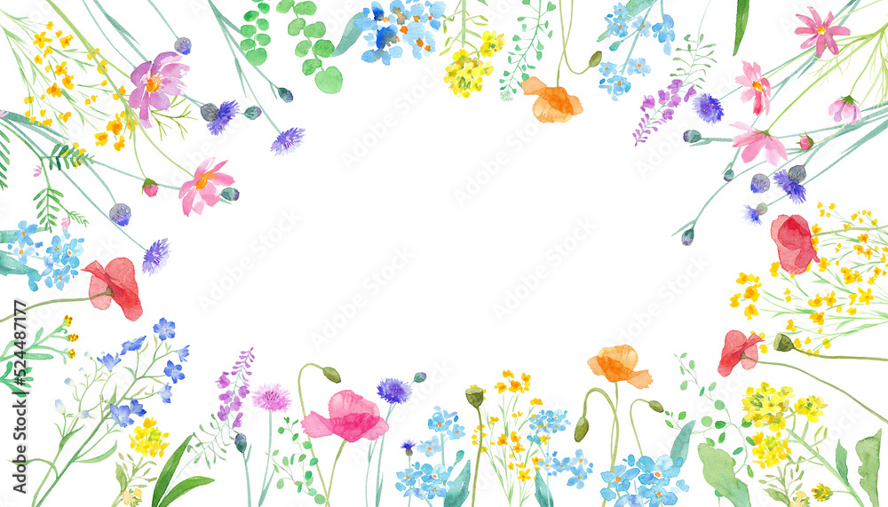 春の野原に咲く草花の水彩イラスト。囲みフレームデザイン。（透過背景）
