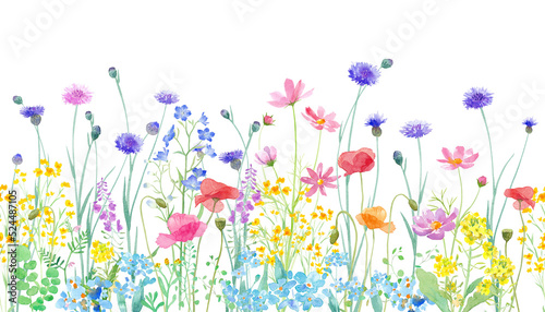 色々な花が咲き乱れる、春の野原の水彩イラスト。横方向シームレスパターン。（透過背景）
