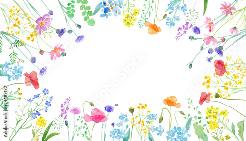 春の野原に咲く草花の水彩イラスト。囲みフレームデザイン。（透過背景）