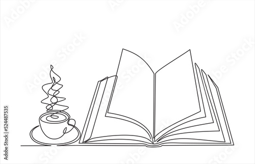 Continuous line drawing of book and coffee, vector illustration, one line
