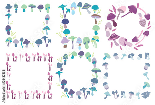 Collection frame magic mushrooms. An unusual mystical forest mushroom. A hand-drawn element for your design. Cartoon style. Vector clipart on an isolated white background.
