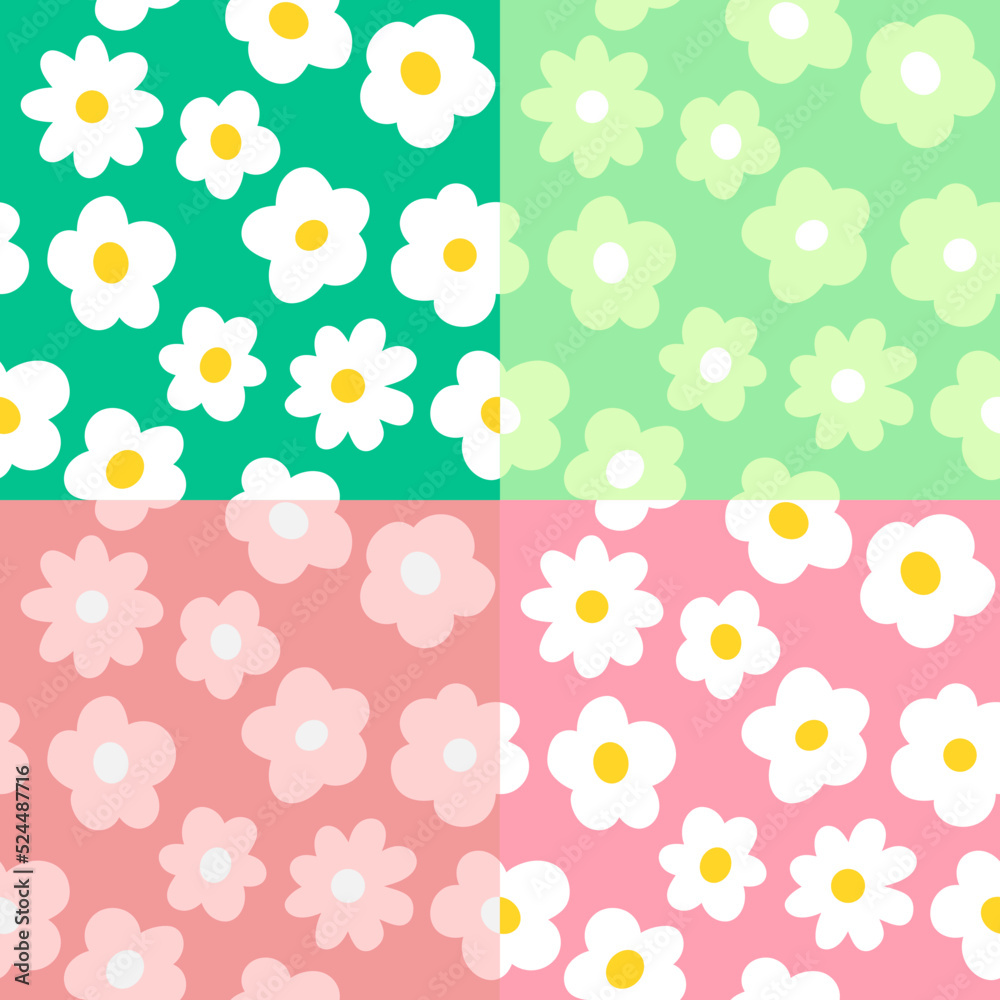 Set of Green and Pink Flowers Backgrounds, Seamless Editable Vector Patterns. Simple Floral Print Collection,  Multi Color Designs.