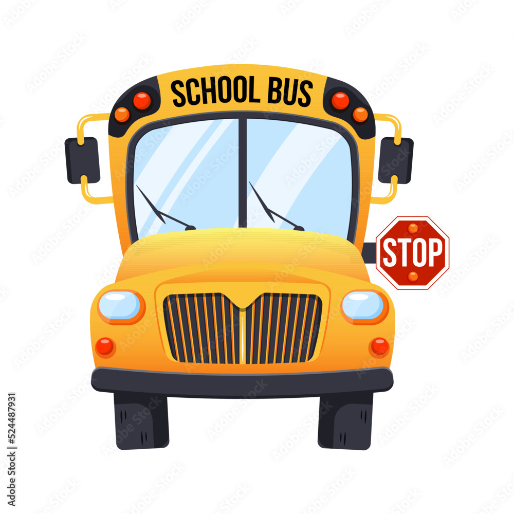 Yellow school bus isolated on white background, cartoon design icon back to school concept with stop sign Yellow school bus isolated on white background, cartoon design icon back to school concept with stop sign
