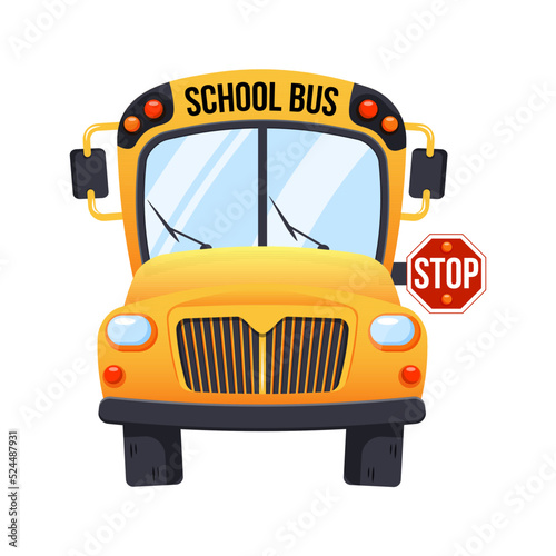 Yellow school bus isolated on white background, cartoon design icon back to school concept with stop sign