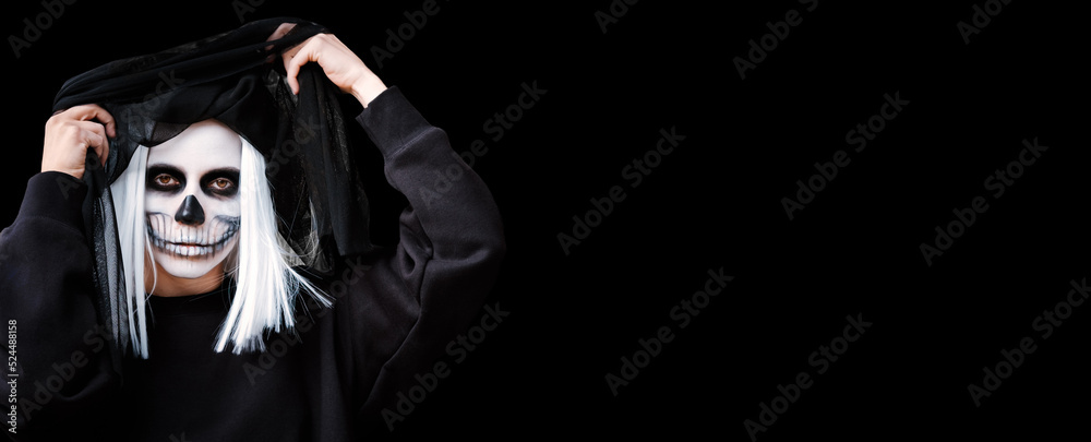 Big black banner with dead bride. Close up portrait of scary woman with skeleton makeup. Big black banner with dead bride. Close up portrait of scary woman with skeleton makeup.
