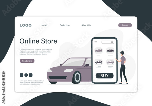 Buying renting a car online. Landing page concept. Colored flat vector illustration. 