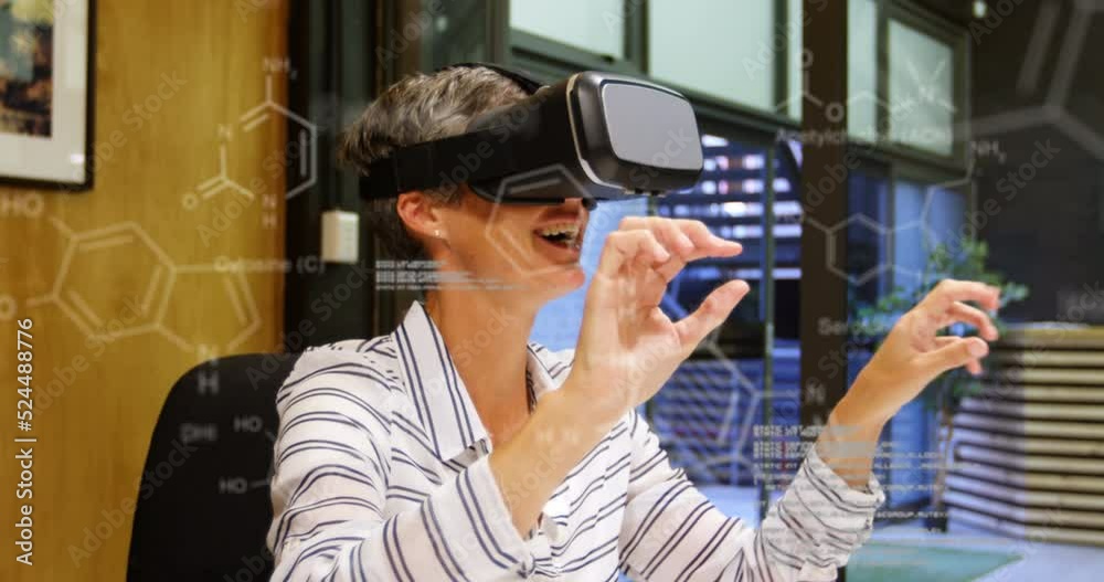 Animation of chemical structures and data processing over caucasian woman wearing vr headset Animation of chemical structures and data processing over caucasian woman wearing vr headset