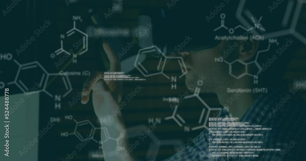 Animation of chemical structures and data processing over caucasian man wearing vr headset Animation of chemical structures and data processing over caucasian man wearing vr headset