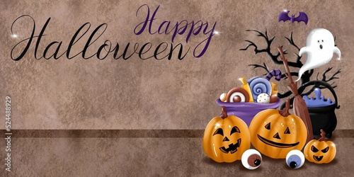 Halloween banner with set of cartoon illustration on beige textured background. Trick or treat. Pumpkin, ghost, bat, hat, broom, socks, potion, pot, cat, spider, candy. Mystery and creepy.