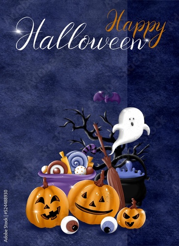 Halloween vertical card with set of cartoon illustration on blue textured background. Trick or treat. Pumpkin, ghost, bat, hat, broom, socks, potion, pot, cat, spider, candy. Mystery and creepy.