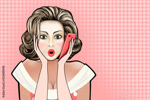 A drawn girl with a surprised face in the style of pop art speaks very emotionally on the phone.