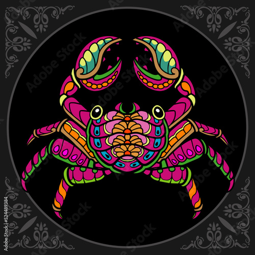 Colorful crab zentangle arts isolated on black background
