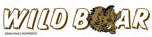 WILD BOAR in capital letters, with wild hog symbol with shaggy fur, sharp fangs, dangerous, menacing look. Isolated illustration, black and white on white background. Symbol and sign. Vector.
