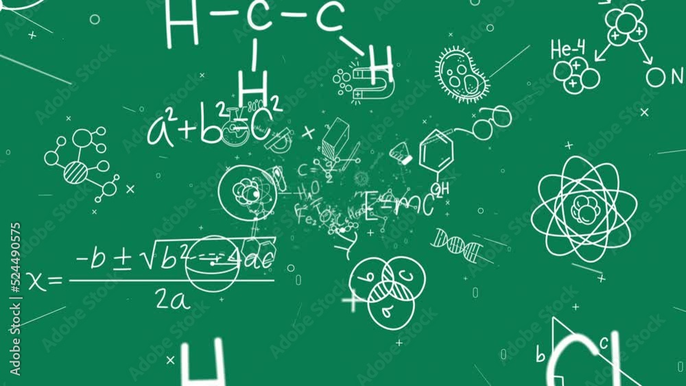 An endless loop of scientific doodles on green background.