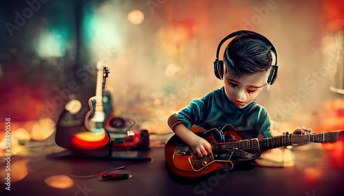 A 3D Illustration of kids playing a red guitar while wearing a headphone