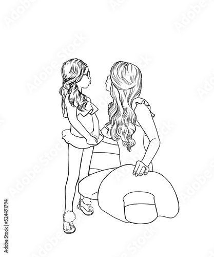 Mother and daughter in bathing suits and with a wide-brimmed straw hat look at each other. Illustration