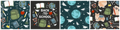 Back to school. Big set of vector seamless patterns and postcard with school elements.