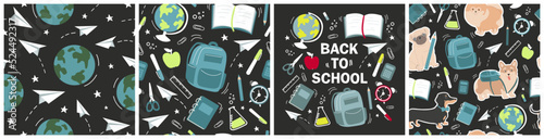 Back to school. Big set of vector seamless patterns and postcard with school elements.