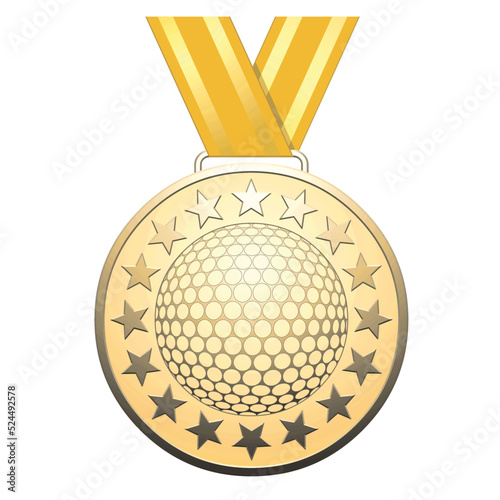 Gold star medal with golf ball on a white background