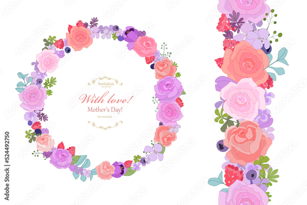 collection of decor elements with roses. floral seamless border