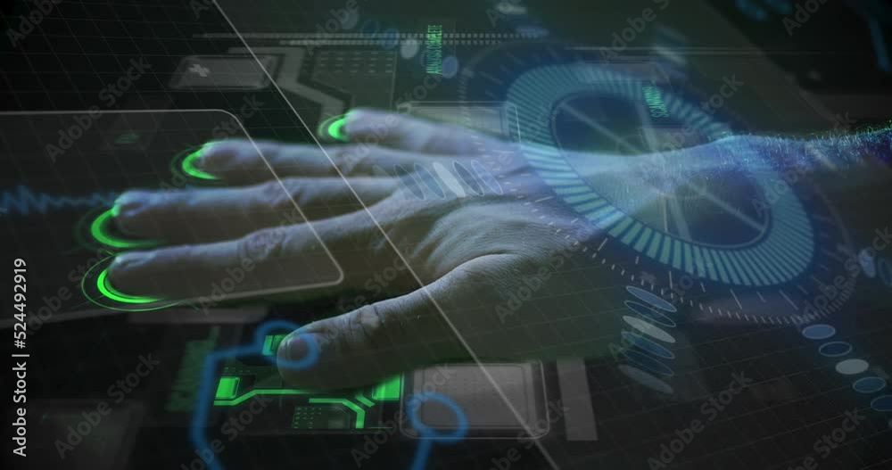 Animation of caucasian man scanning hand with hud processing on digital interface Animation of caucasian man scanning hand with hud processing on digital interface