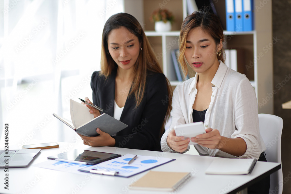 Attractive businesswoman colleagues and financial advisors in the office discuss budget planning. Accountant is discussing finance and accounting. Attractive businesswoman colleagues and financial advisors in the office discuss budget planning. Accountant is discussing finance and accounting.