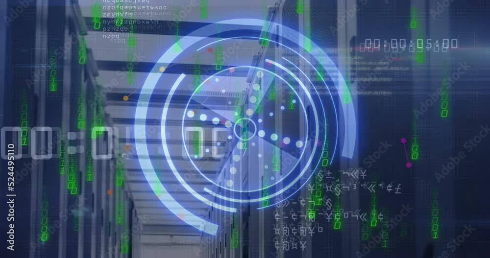 Animation of scope scanning with data processing over server room Animation of scope scanning with data processing over server room