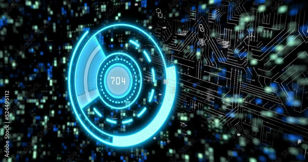 Animation of scope scanning with data processing over padlock icon and moving columns Animation of scope scanning with data processing over padlock icon and moving columns