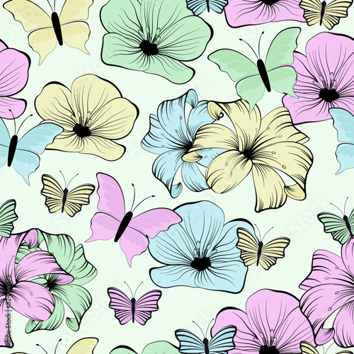 Floral colorful seamless pattern. Lily and flax flower. Butterfly. Prints, packaging template, textiles, bedding and wallpaper. Groovy.