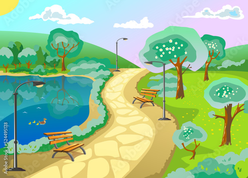 Spring landscape. Park with a pond  alley  trees. Season. Warm weather. Flat vector illustration.