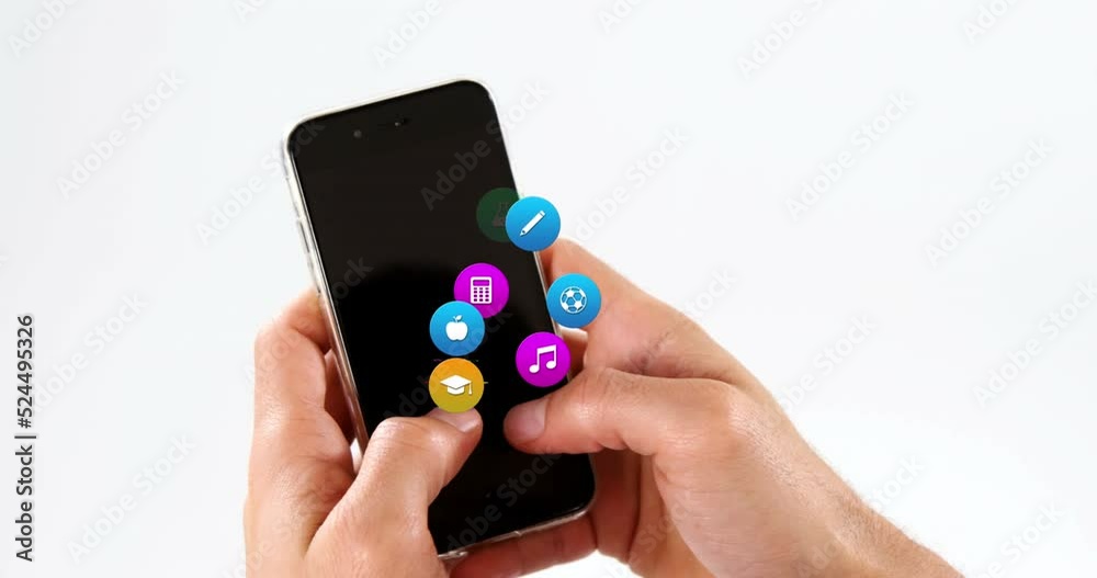 Animation of colorful icons over hands using smartphone Animation of colorful icons over hands using smartphone