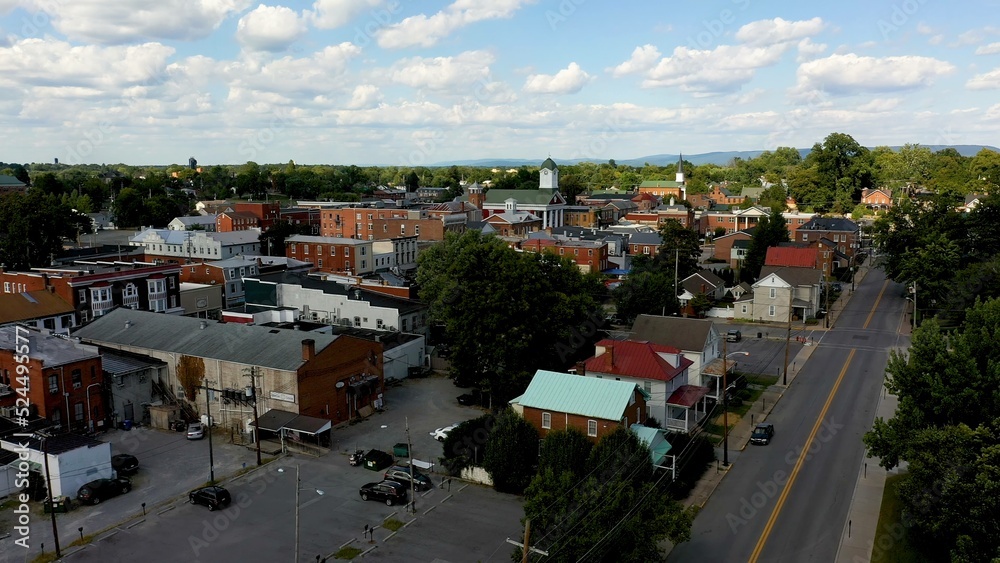Aerial view of county courthouse over main street USA, Charles Town, West Virginia on a beautiful sunny day.
