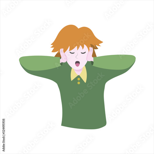 The boy screams and covers his ears. The image is colored. Vector.