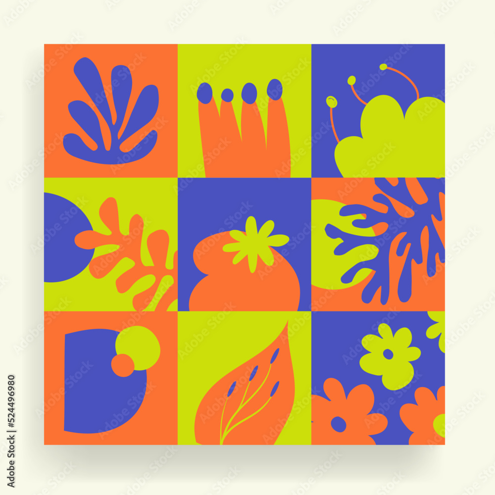 Colorful hand drawn repeatable abstract patterns include floral, botanic patterns and geometric organic shapes. Minimal monochromatic trendy abstract graphic elements. Vector illustration.