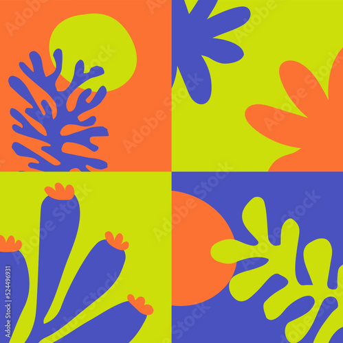  Colorful hand drawn repeatable abstract patterns include floral, botanic patterns and geometric organic shapes. Minimal monochromatic trendy abstract graphic elements. Vector illustration.