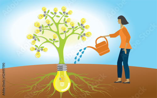 Woman watering light bulb tree. The tree standing firm in ground on big idea, lightbulb and roots. Inspiration and further development. Vector illustration.